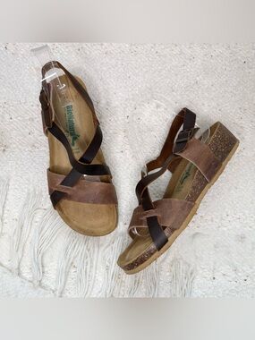 BioNatura natural and brown leather wedge sandals NWOT size 7 1/2